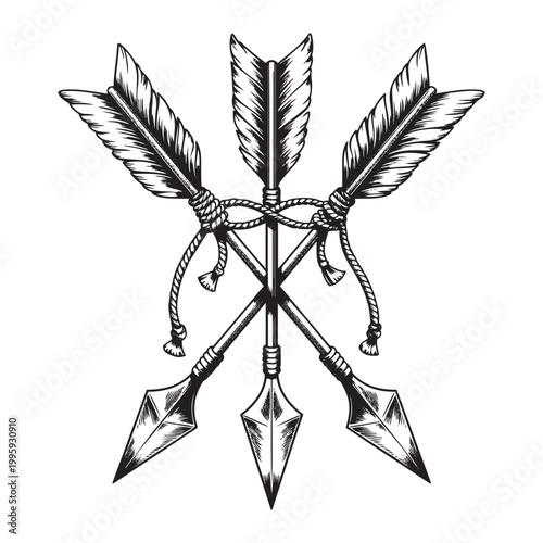 Three crossed arrows tied together with rope archery