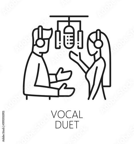 Vocal duet sound record line icon or label. Movie and video sound design vector symbol. Voice dubbing recording icon with man and woman voice actors in headphones, playing roles in front of microphone