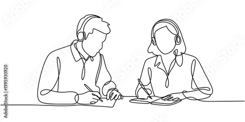 Single continuous line drawing male and female customer support person wearing headphones while taking notes. Manual recording. International Customer Support Day. One line design vector illustration