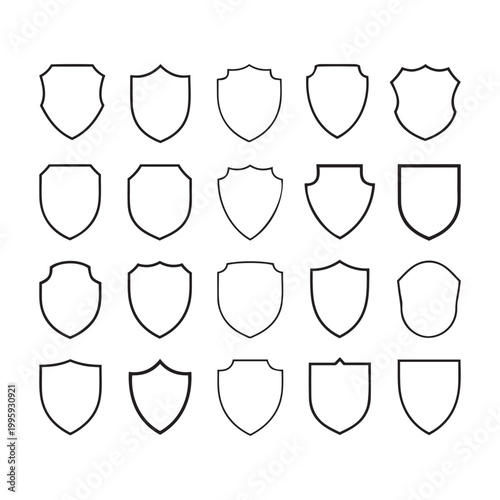 Twenty black outline shield shapes arranged in a grid on white background