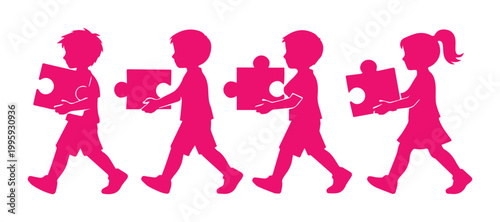 Children carrying puzzle pieces, a vibrant pink vector illustration of teamwork and collaboration. Kids working together, problem-solving, and education concept for childhood development.