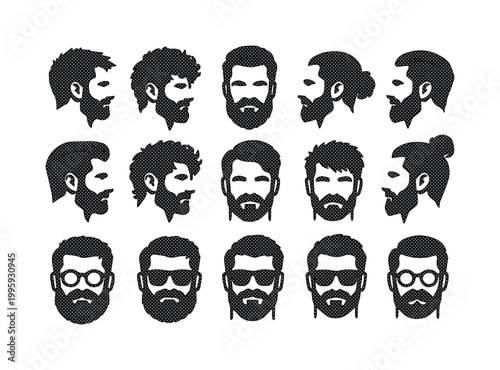 Modern beard and hairstyle vector collection, diverse men's facial hair styles, trendy male grooming silhouettes, barbershop design elements, avatar icons for profile pictures and branding.
