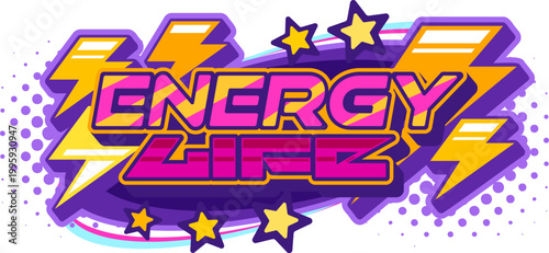 Y2k streetwear energy life retro label or icon. Streetwear 90s sticker, apparel brand Y2K vector label. Clothing futuristic icon with digital typography, golden lightnings and stars, halftone pattern