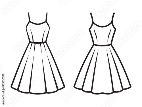 Two black and white line of sleeveless sundresses with flared skirts