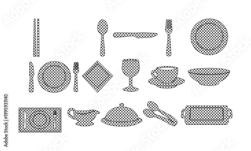 Elegant dining ware vector collection, essential kitchen utensils, restaurant table setting elements, and serving dishes, perfect for culinary design projects.