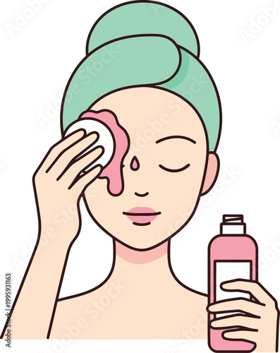 A vector illustration of a young woman performing her daily skincare routine by applying lotion with a cotton pad on her face while wearing a towel wrap, representing beauty, hygiene, spa treatments, 