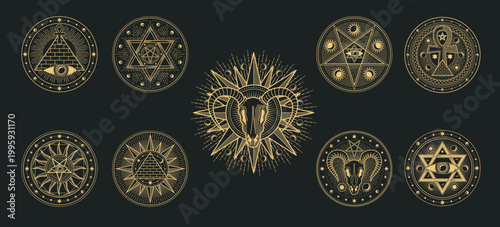 Mystical, magic and astrology occult symbols, vector esoteric tarot cards, alchemy or witch craft. Line art gold sun, moon and stars, occult demon skull, eye of providence and ankh symbols set