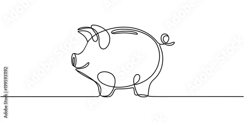 Piggy bank in continuous line art drawing style. Pig moneybox black linear sketch isolated on white background. Vector illustration