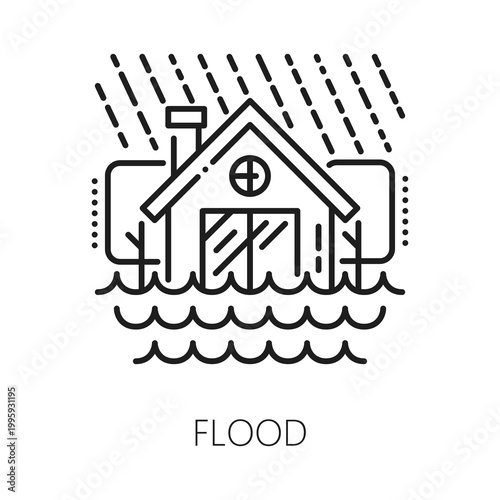 Flood natural disaster, environment destruction line icon. Environmental cataclysm lineart sign, natural catastrophe vector icon. Global disaster pictogram with heavy rain and flooded house building