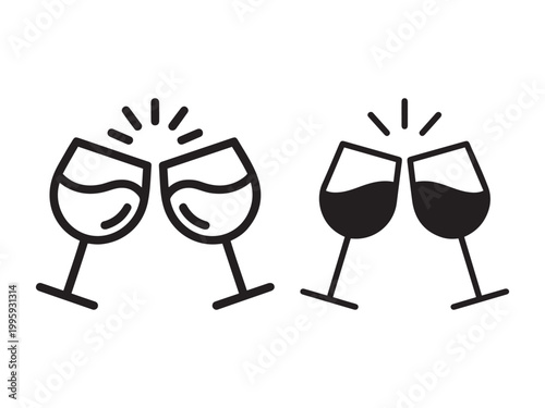 Two pairs of wine glasses clinking in line and solid black silhouette styles