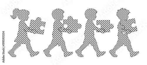 Children carrying puzzle pieces, a black and white vector illustration of kids collaborating, teamwork and problem-solving concept for education and development