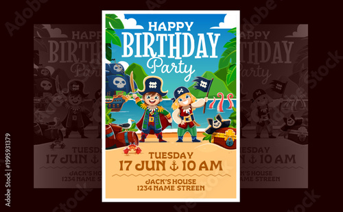 Cartoon kids pirate party flyer. Kids birthday holiday party vector flyer or poster template with little boy and girl pirate captain and sailor happy cartoon characters on treasure island beach