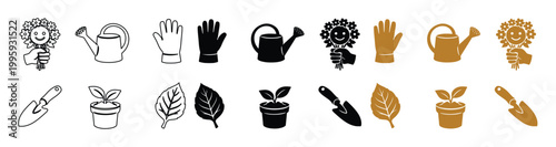 Gardening tools and plants vector icon set, essential garden equipment, potted seedlings, and leaves in black, outline, and golden brown styles, perfect for horticulture and nature designs.