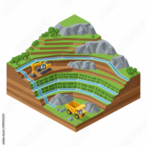 Open Pit Mine Excavation and Transportation Illustration.