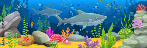 Underwater landscape game background with grey shark characters. Sea underwater vector landscape, ocean coral reef background with angry sharks cartoon character, seaweeds and corals, fish schools