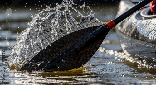 Close-up of a kayak paddle creating a splash in the water during a sunny day.