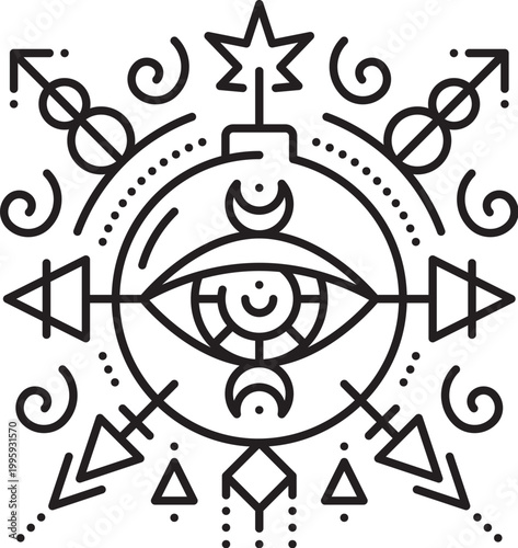 Pirate bomb esoteric line symbol. Pirate marine sacred lineart vector symbol, buccaneer esoteric outline print. Corsair nautical tarot thin line tattoo or sign with bomb explosion with burning wick