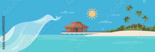 Idyllic tropical overwater bungalow on turquoise ocean with sandy beach and flowing wave for luxury vacation concept and serene summer escape