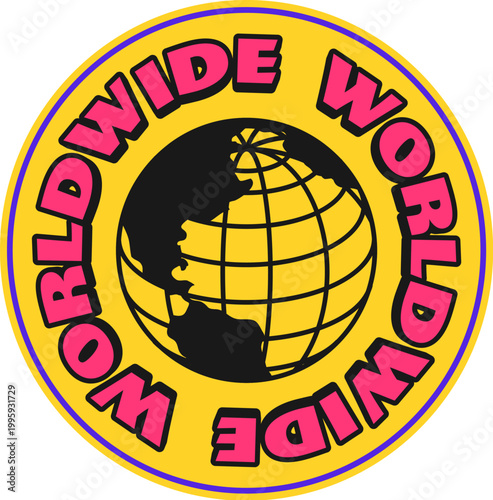 Worldwide business globe Y2K groovy sticker or patch. Y2K vector terrestrial sphere patch, Earth mesh sphere tag. World wireframe globe sticker with pink typography, black globe on yellow background