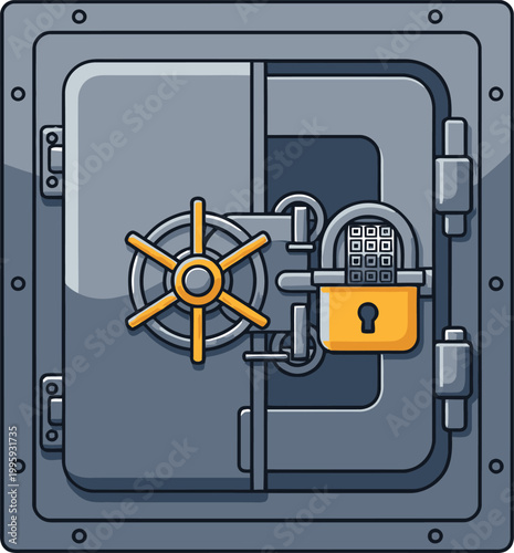 Safe vault vector illustration featuring a heavy metallic storage door with a circular locking wheel and a yellow padlock attached for maximum security concept design representing financial protection