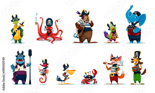 Cartoon funny animal pirate and corsair vector characters. Turtle captain, parrot, elephant gunner and walrus boatswain pirates. Hippo animal cannoneer, octopus, crab fighter, dog skipper, fox seaman