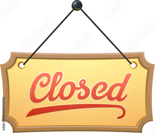 Closed yellow signboard, shop store door sign board. Shop door announcement vector banner, store closed message signboard. Retail market board with wooden or metal hanging plate, calligraphy text