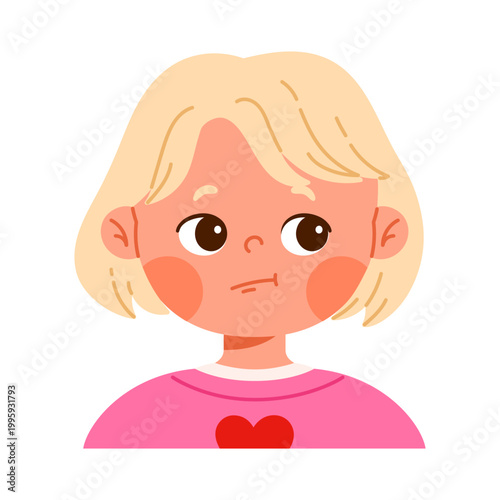Сute blonde girl character showing uncertainty, hesitation or thinking mood. Emotional facial expression. Сhild avatar with positive emotion. Kid apps and emotion education concept