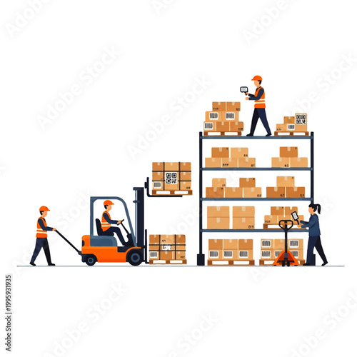 Vector flat design illustration of warehouse workers operating a forklift and pallet jack to manage inventory on shelves