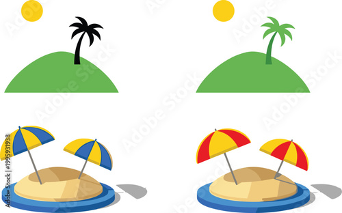 Beach island icons with palm trees, sun, and umbrellas illustrating tropical vacation, summer travel destinations, seaside relaxation, and coastal leisure vector illustration set