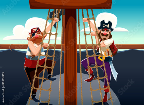 Cartoon pirates on rope ladders of corsair ship mast with black sails. Vector funny pirate crew sailor and lookout characters climbing up rope ladders with saber and gun, skull hat, eye patch, bandana