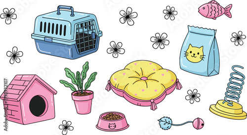 Cute pet accessories set including cat carrier house food bowl toys cushion and supplies cartoon vector illustration isolated on light background