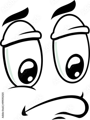 Cartoon sad face expression with large drooping oval eyes, heavy eyelids and small downturned mouth. Cartoon funny expression face for social media reactions, stickers or educational materials