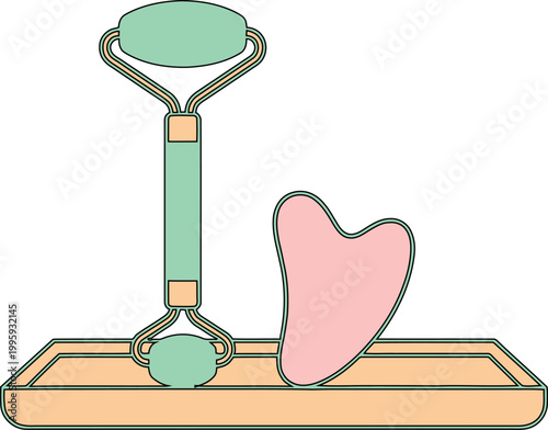 Professional vector illustration of a green jade face roller and a pink heart shaped gua sha scraping stone displayed on a rectangular wooden tray perfect for spa marketing materials skincare branding