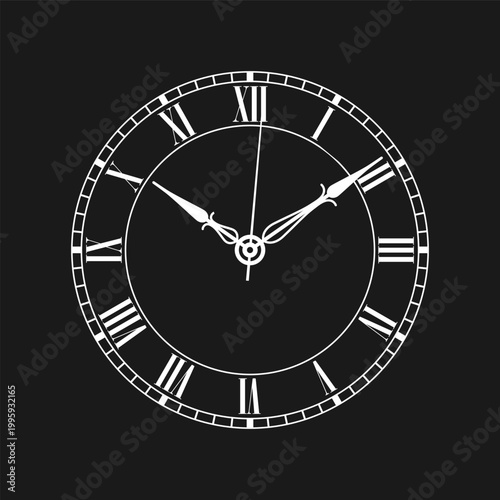Vintage clock face graphic icon. Watch in retro style symbol isolated on black  background. Design template closeup. Vector illustration