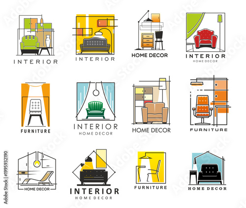 House interior, decor and furniture icons with vector armchairs, sofa, floor lamps and shelves, cabinets, beds, cozy lounge chairs, drawers or tables. Modern house room interior design icons set