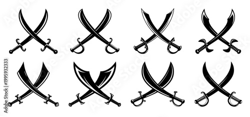 Crossed pirate sabers and swords, warrior battle blades and daggers icons. Vector crossed cutlasses on white background for tattoo, pirate game UI, heraldic emblems, and adventure projects