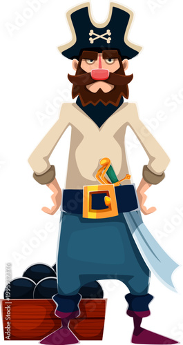 Cartoon pirate captain or gunner character standing confidently with sword and chest of cannonballs. Vector sailor corsair personage in pirate costume with tricorn and beard, ready for sea adventure