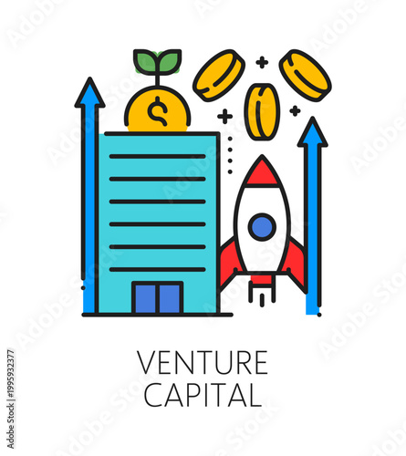 Investment venture capital, finance color line icon or label. Investor fund outline vector icon, trade company sign. Investment capital pictogram with rocket, falling coins and skyscraper building
