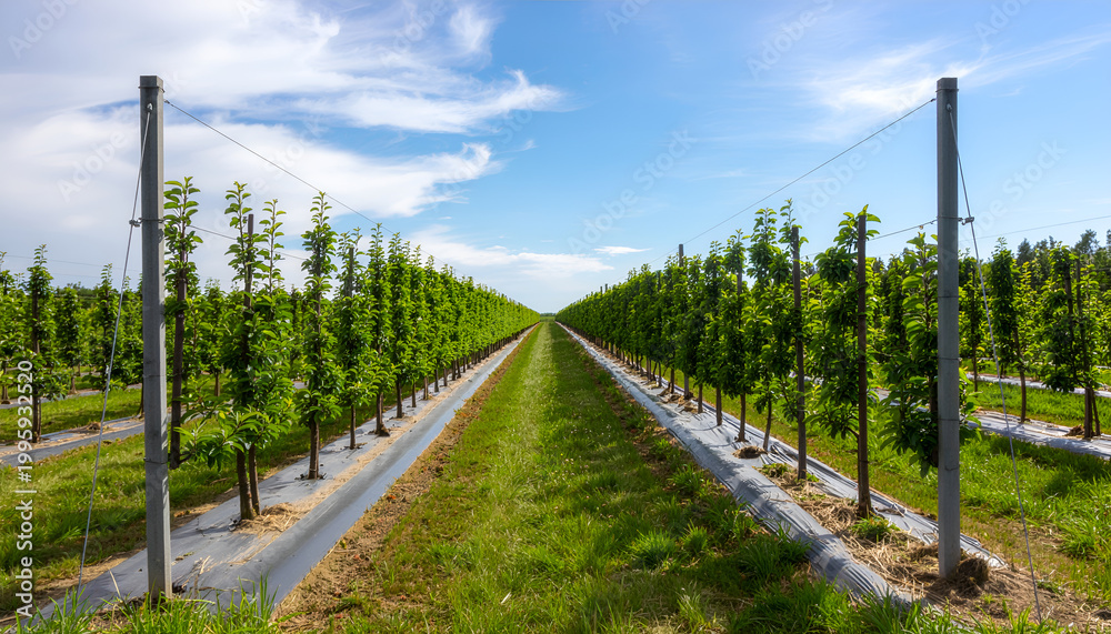 Obraz premium Modern orchard rows with trellised fruit trees under blue sky.