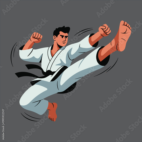 A vector illustration depicting a karate practitioner executing a dynamic kick, isolated on a white background.