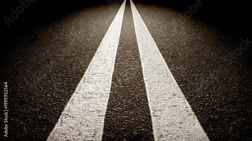 Double yellow lines on asphalt road at night with spotlight effect transport perspective
