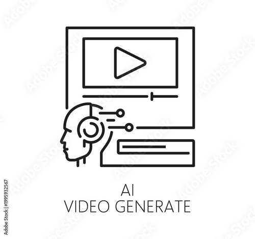 AI video generation artificial intelligence technology icon with human head and circuit connected to video player screen with play button and timeline. Vector AI technology digital media platforms