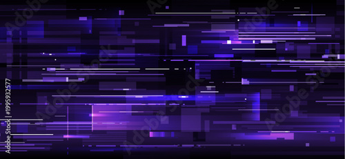 Glitch game screen background. Purple digital glitch background with distortion effects, pixel fragments, and scan lines. Vector design for cyberpunk game menus or electronic music visuals