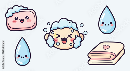 Set of 5 cute kawaii bath and hygiene vector illustrations with smiling faces