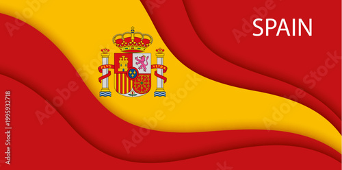 Paper cut national flag of Spain or Spanish banner, vector red and yellow wavy background. Spain flag with coat of arms in paper cut waves for Spanish national day or republic patriotic holiday design