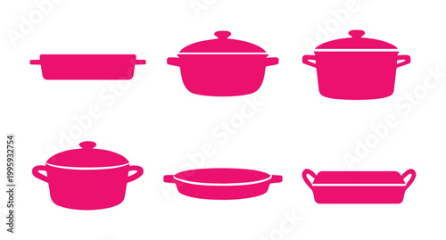 Foto Vibrant pink kitchenware vector set, cooking pots and pans collection, essential culinary equipment, modern kitchen utensils for food preparation