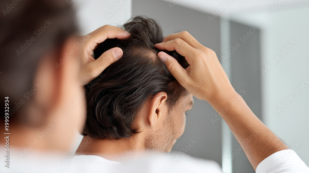 Naklejka premium Young man showing scalp and hair loss problem to doctor during trichology clinic consultation. Alopecia diagnosis, hair thinning examination, dermatology treatment healthcare concept.
