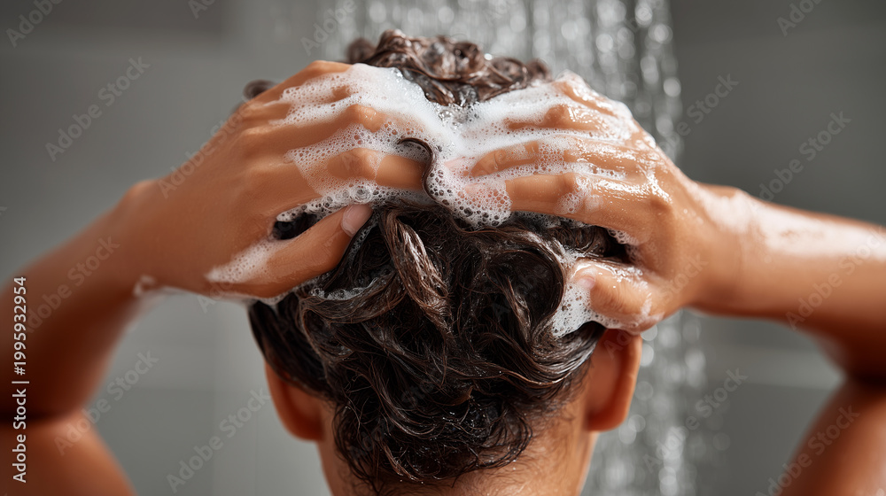 Fototapeta premium Person massaging foamy medicated shampoo into wet curly hair under shower. Alopecia treatment, therapeutic scalp care washing routine, trichology hair loss remedy healthcare concept.