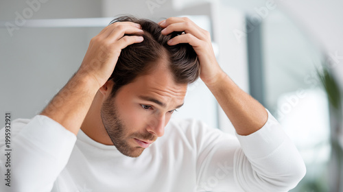 Worried young man checking thinning hairline and scalp parting with both hands. Alopecia early symptom, male hair loss concern, trichology treatment and dermatology healthcare concept.