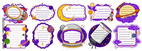 Space and galaxy kids memo note frames by outer space and astronomy. Memo borders with galactic stars, planets, space helmets and telescope, Saturn rings, shooting comets, balloon moons, rocket ship